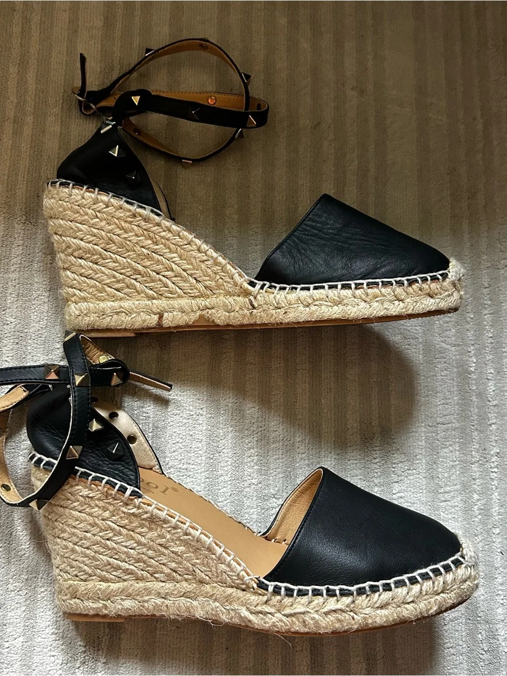 Black Studded Ankle-Tie Espadrille Wedge